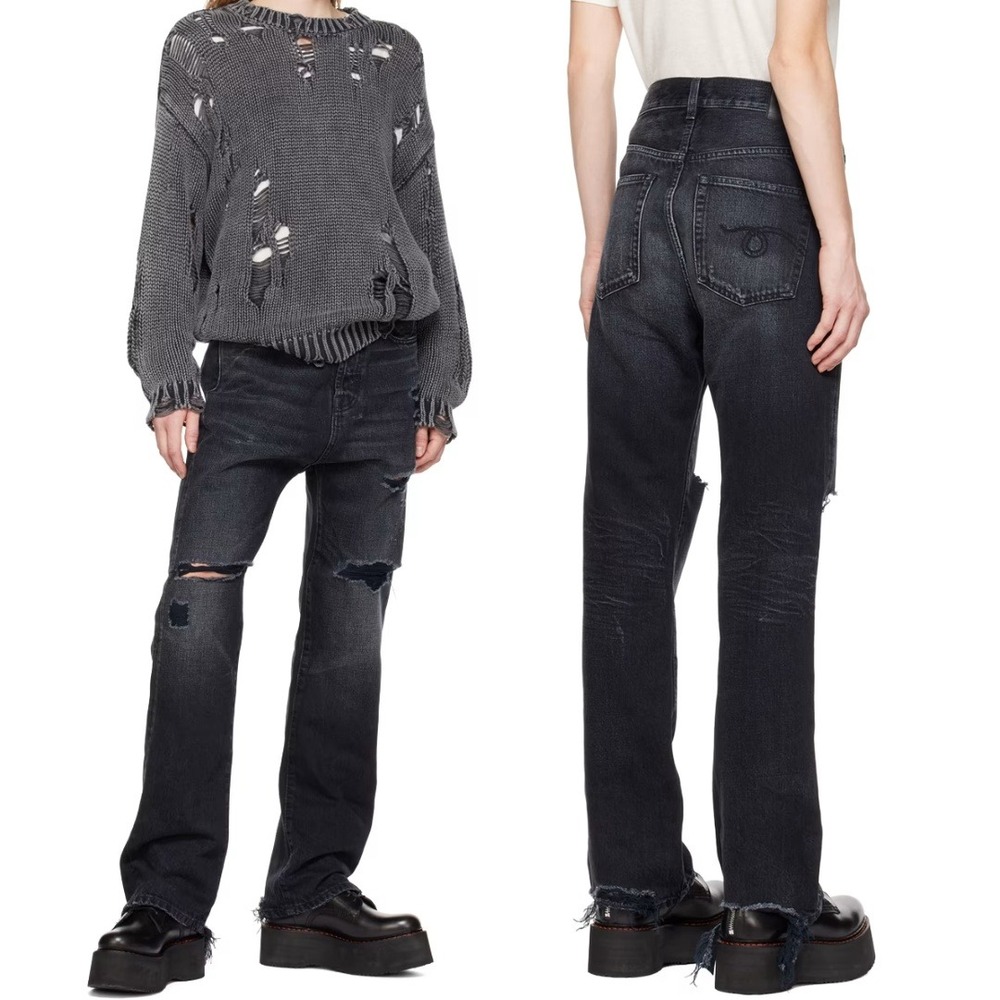 R13 Izzy Drop Jeans Distressed Faded Black Denim Jeans Made in Italy Size 27